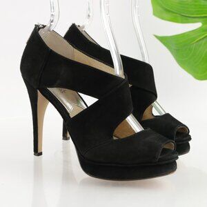 Michael Kors Women Elena Sandal Size 7.5 Black Suede Platform Heel Peep Toe Shoe